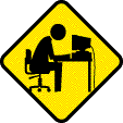 Street sign with person bumbing head on desktop in front of PC